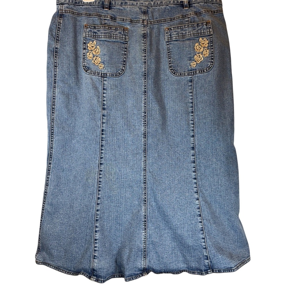 Emma James Denim Midi Skirt 16 Plus Flared A‑Line Stretch Embroidered Roses